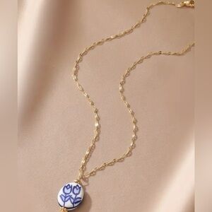 18kt Gold plated stainless steel Chain Necklace with Blue Pendant ceramic